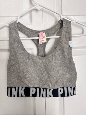 NWT PINK Victoria's Secret Gray Logo Racerback Sports Bra